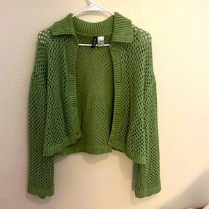 Green Collared Mesh Knit Cardigan